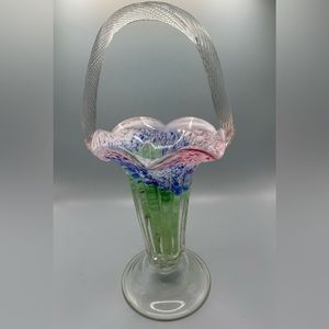 Art Glass Basket Vase - Spatter Glass w/Clear Applied Glass Textured Handle